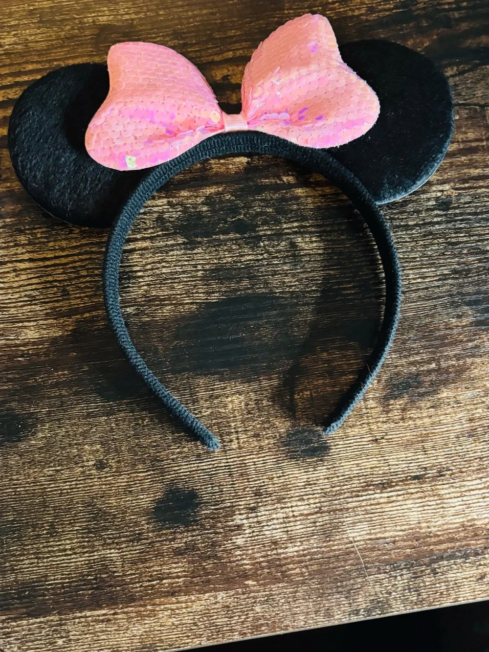 Disney Black Minnie Ear Headband with Pink Sequin Bow